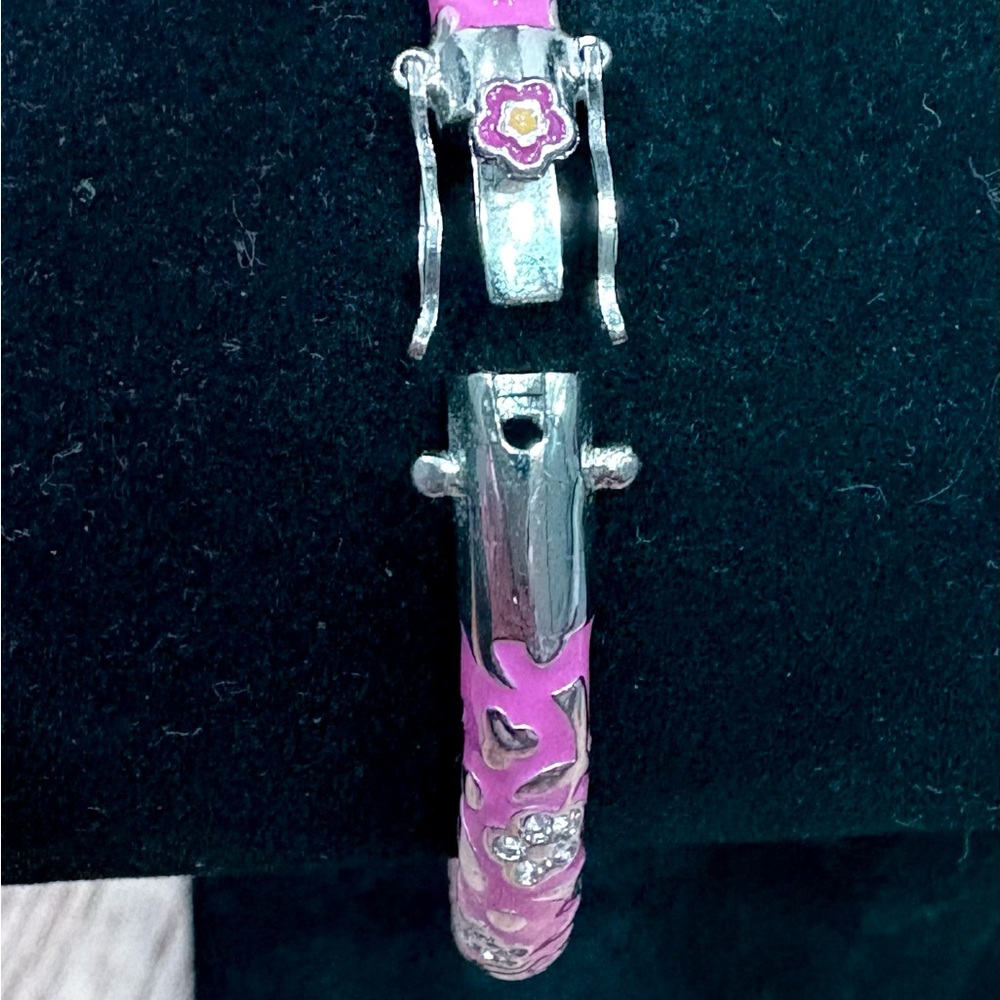 Vibrant Pink Bangle with Silver Floral Design - Picture 2 of 4